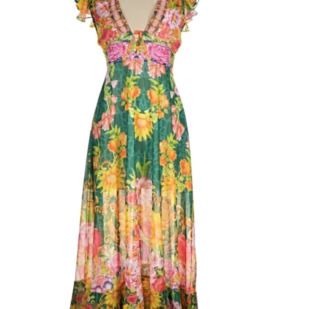 Dalia McPhee Floral Green V-Neck Maxi Dress - Flowy Layered Bright Colors Large